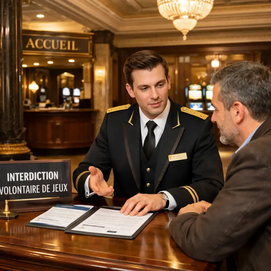 Accueil d'un casino français avec contrôle d'identité à l'entrée, illustrant la démarche d'interdiction volontaire de jeux