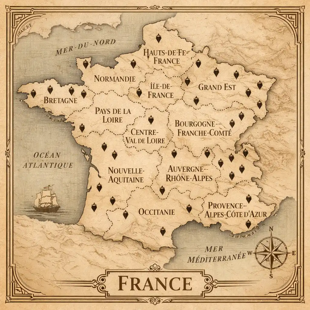 Carte stylisée de la France métropolitaine mettant en avant les principales régions accueillant des casinos terrestres