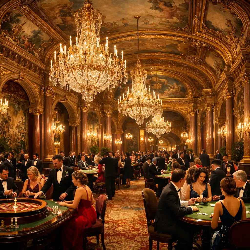 Grand hall de casino français de style Belle Époque avec lustres et colonnades