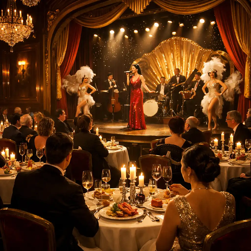 Table de dîner-spectacle dans un casino français avec scène éclairée