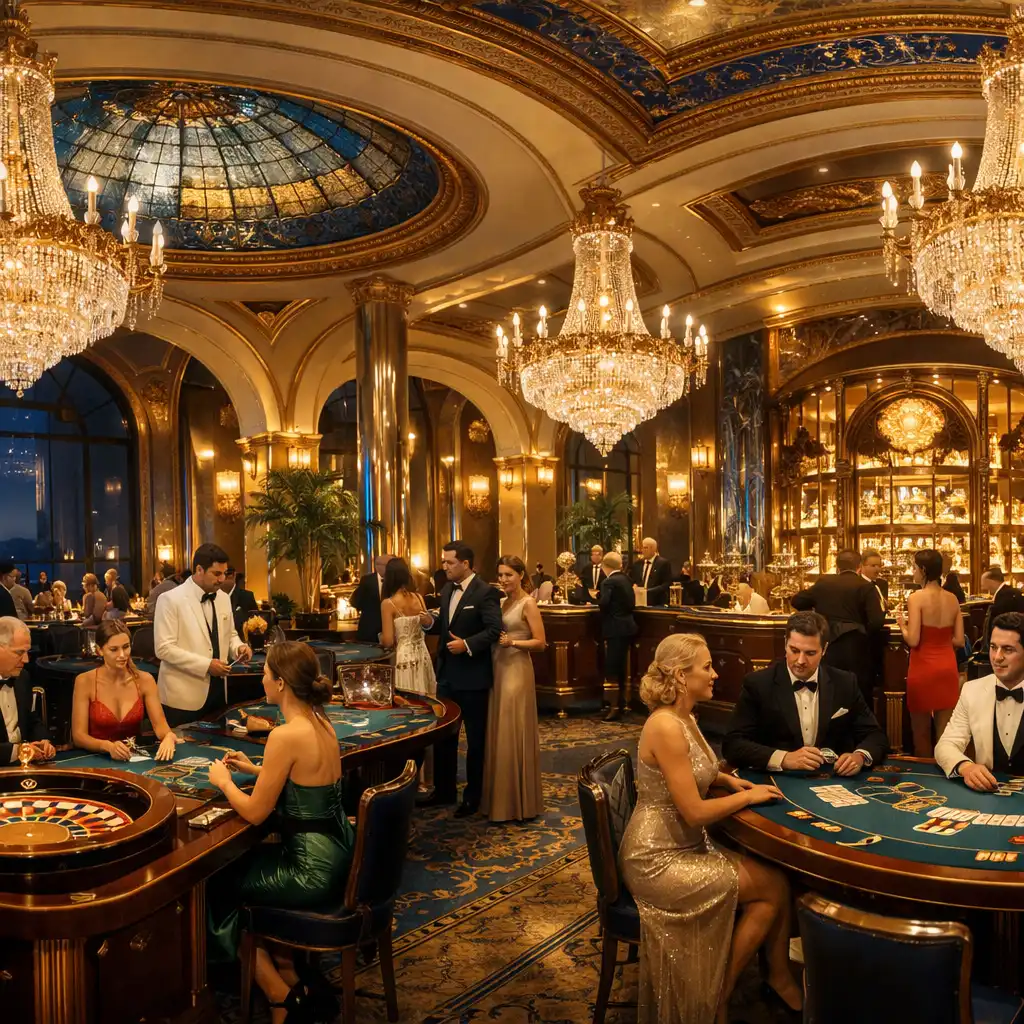 Galerie intérieure d'un casino français avec verrière Art Déco et lustres monumentaux, illustrant la diversité régionale