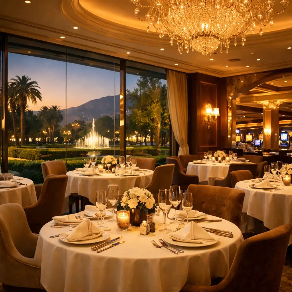 Table gastronomique dressée dans un restaurant de casino avec vaisselle raffinée