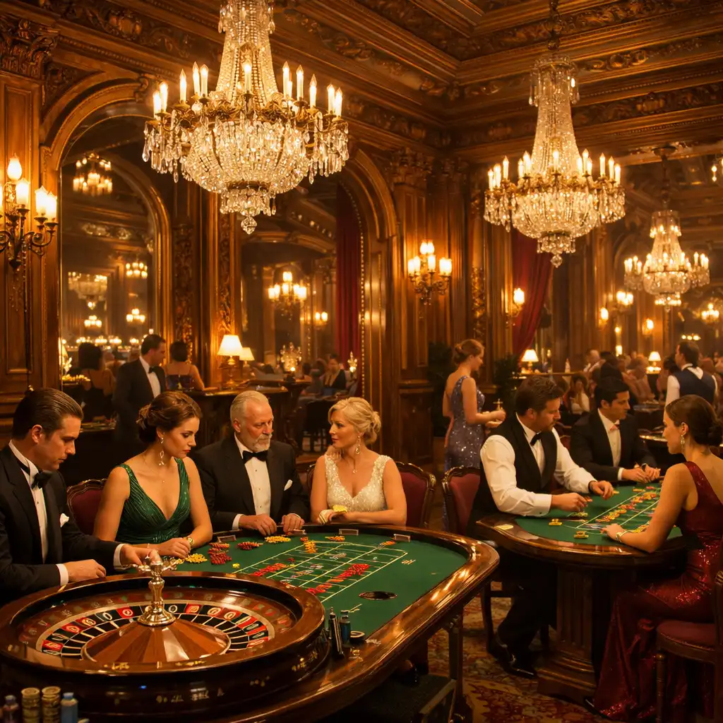 Salle de jeux de casino de style Belle Époque avec tables de roulette et lustres