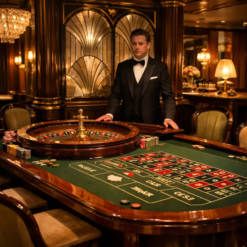 Salon de jeux de table dans un casino français avec tapis verts et boiseries